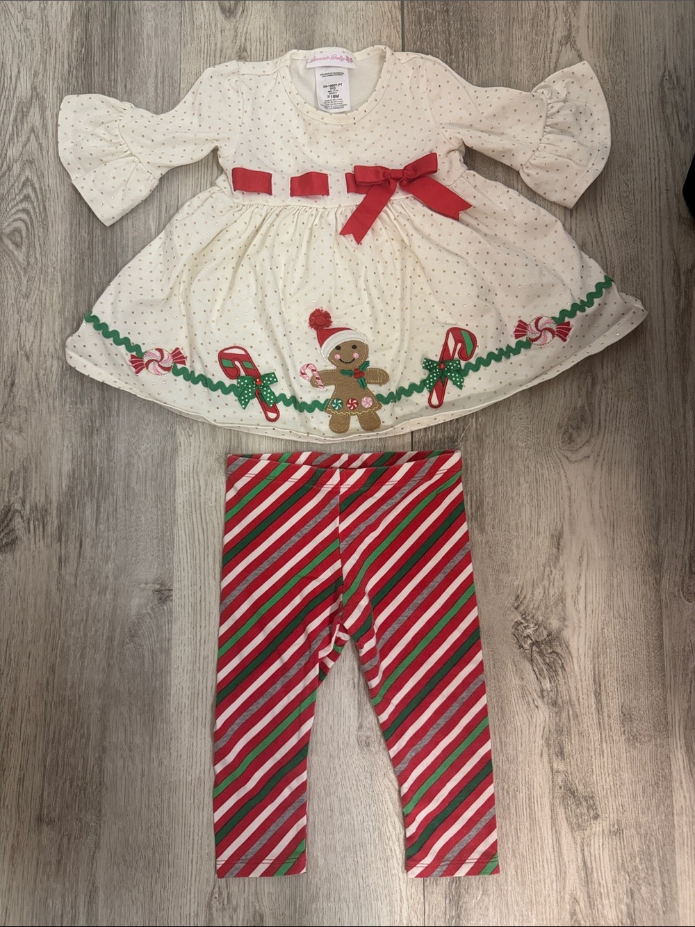 Bonnie Baby Cream Holiday Dress Top with Red Bow & Candy-Striped Leggings